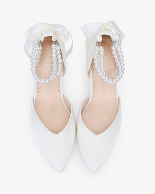 Satin Block Heels Wedding Shoes with Trinity Pearls Wrap in White