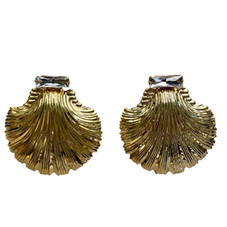 Large Diamond Clear Crystal Gold Shell Earrings