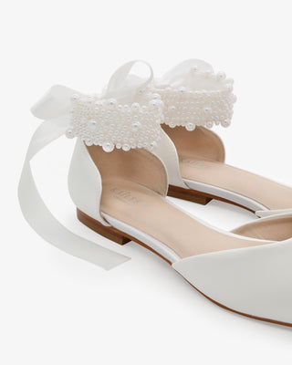 Satin Pointy Toe Wedding Flats with Perla Ankle Strap