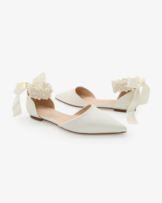 Satin Pointy Toe Wedding Flats with Perla Ankle Strap