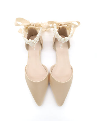 Satin Pointy Toe Evening Flats with Perla Ankle Strap