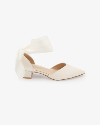 Satin Pointy Toe Low Block Heels Wedding Shoes with Wrapped Ribbon Tie