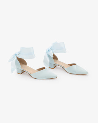 Satin Pointy Toe Low Block Heels Wedding Shoes with Wrapped Ribbon Tie in Light Blue