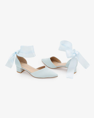 Satin Pointy Toe Low Block Heels Wedding Shoes with Wrapped Ribbon Tie in Light Blue