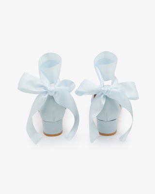 Satin Pointy Toe Low Block Heels Wedding Shoes with Wrapped Ribbon Tie in Light Blue