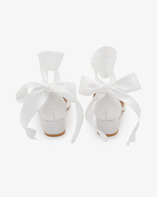 Satin Pointy Toe Low Block Heels Wedding Shoes with Wrapped Ribbon Tie