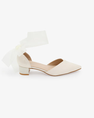 Satin Pointy Toe Low Block Heels Wedding Shoes with Wrapped Ribbon Tie