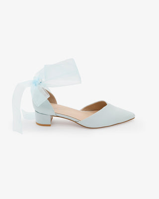 Satin Pointy Toe Low Block Heels Wedding Shoes with Wrapped Ribbon Tie in Light Blue