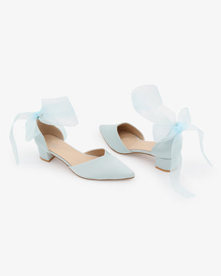 Satin Pointy Toe Low Block Heels Wedding Shoes with Wrapped Ribbon Tie in Light Blue