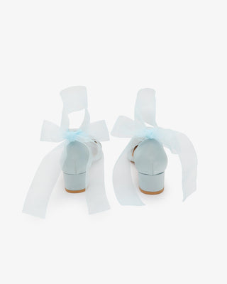 Satin Pointy Toe Low Block Heels Wedding Shoes with Wrapped Ribbon Tie in Light Blue