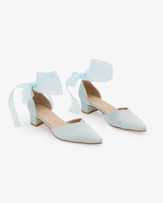 Satin Pointy Toe Low Block Heels Wedding Shoes with Wrapped Ribbon Tie in Light Blue