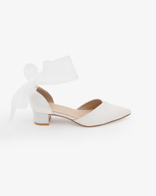 Satin Pointy Toe Low Block Heels Wedding Shoes with Wrapped Ribbon Tie