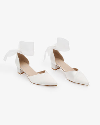 Satin Pointy Toe Low Block Heels Wedding Shoes with Wrapped Ribbon Tie