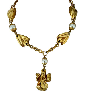 Vintage Designer Chantal De Kerouartz Gilt & Pearl Leaf Necklace