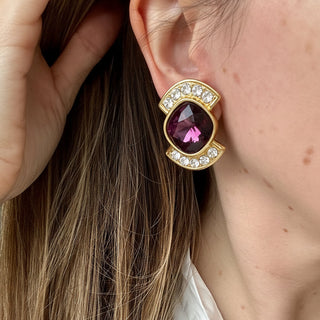 Vintage Signed Designer YSL Purple Crystal Earrings
