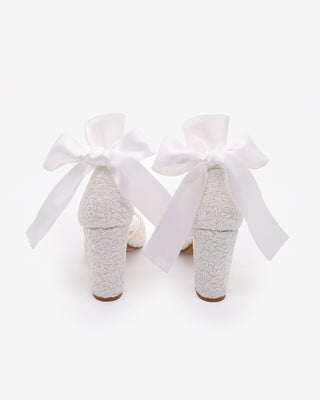 Crochet Lace Block Heel Sandals with Wrapped Ribbon Tie
