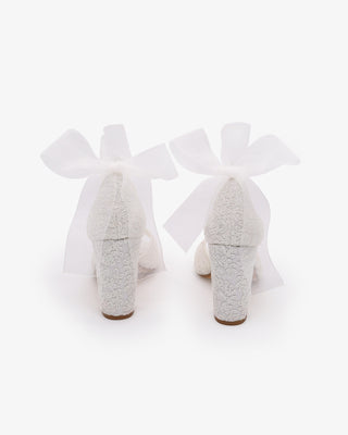 Crochet Lace Block Heel Sandals with Wrapped Ribbon Tie