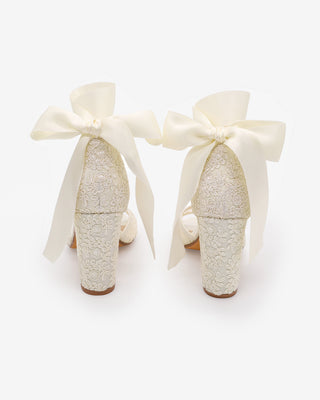 Crochet Lace Block Heel Sandals with Wrapped Ribbon Tie