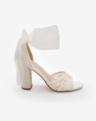 Crochet Lace Block Heel Sandals with Wrapped Ribbon Tie
