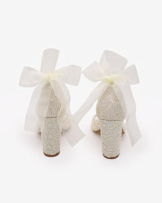 Crochet Lace Block Heel Sandals with Wrapped Ribbon Tie