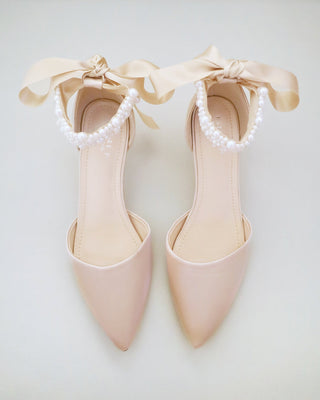 Satin Pointy Toe Kitten Low Heel with Perla Ankle Strap