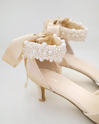 Satin Pointy Toe Kitten Low Heel with Perla Ankle Strap