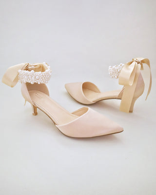 Satin Pointy Toe Kitten Low Heel with Perla Ankle Strap