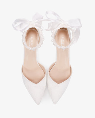 Lace Pointy Toe Low Block Heels Wedding Shoes with Perla Ankle Strap