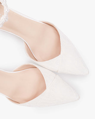 Lace Pointy Toe Low Block Heels Wedding Shoes with Perla Ankle Strap