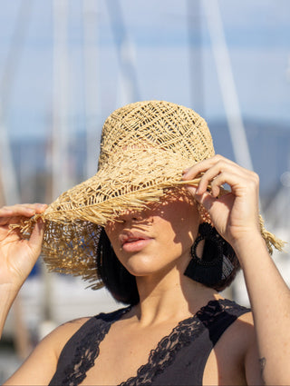 Karin 7" Wide Brim Macrame & Crochet Raffia Straw Hats with Raw Fringe Edge