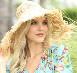 Karin 7" Wide Brim Macrame & Crochet Raffia Straw Hats with Raw Fringe Edge