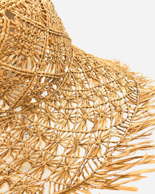Karin 7" Wide Brim Macrame & Crochet Raffia Straw Hats with Raw Fringe Edge