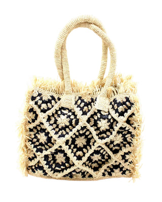 Leo Crochet Granny Square Pattern Raffia Straw Shoulder Bag with Fringe Trim Edge