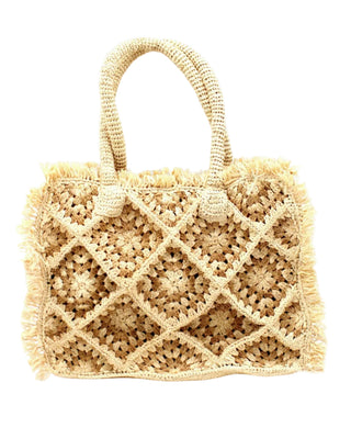 Leo Crochet Granny Square Pattern Raffia Straw Shoulder Bag with Fringe Trim Edge