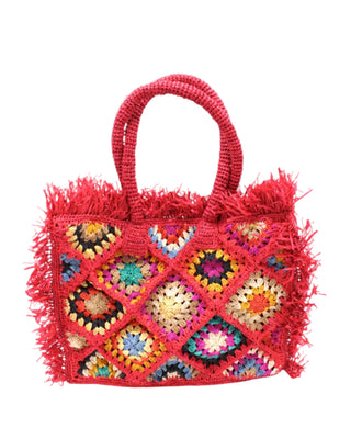 Leo Crochet Granny Square Pattern Raffia Straw Shoulder Bag with Fringe Trim Edge