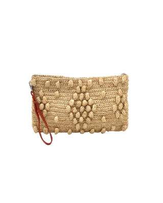 Marbella Crochet Raffia Straw Oversized Pouch Clutch Purse with Detachable Leather Wristlet Strap