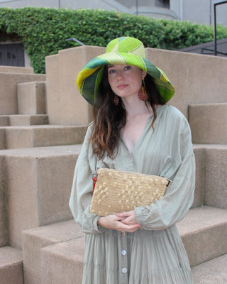 Marbella Crochet Raffia Straw Oversized Pouch Clutch Purse with Detachable Leather Wristlet Strap