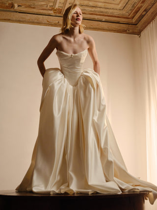 Monetre Elizabeth Diptych Gown back view at Mae Bridal, drop waist wedding gown, satin ball gown, corset wedding dress