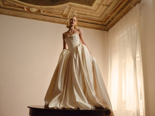 Monetre Elizabeth Diptych Gown lace-up back at Mae Bridal, drop waist wedding gown, satin ball gown, corset wedding dress