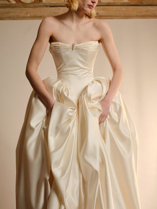 Monetre Elizabeth Diptych Gown front view at Mae Bridal, drop waist wedding gown, satin ball gown, corset wedding dress