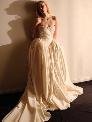 Monetre Elizabeth Diptych Gown styled look at Mae Bridal, drop waist wedding gown, satin ball gown, corset wedding dress