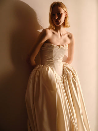 Monetre Elizabeth Diptych Gown full silhouette at Mae Bridal, drop waist wedding gown, satin ball gown, corset wedding dress
