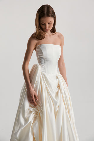 Monetre Mira Gown drop waist from the front at Mae Bridal, bubble hem wedding dress, corset wedding dress, bustle wedding gown