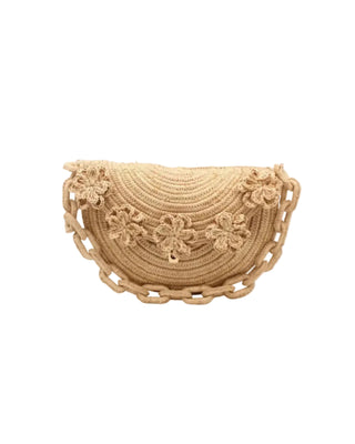 Piper Flower Crochet Raffia Straw Handbag with Macrame Chain Shoulder Strap