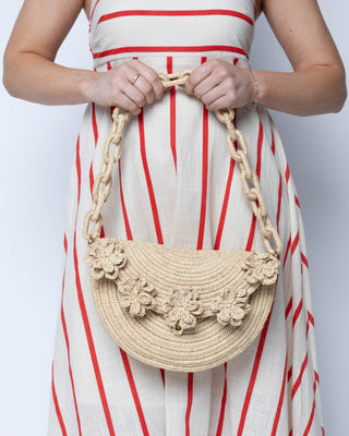 Piper Flower Crochet Raffia Straw Handbag with Macrame Chain Shoulder Strap