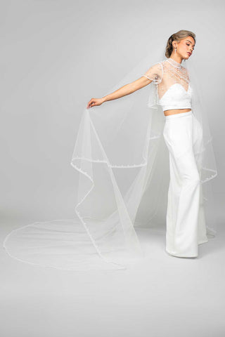 Piper Two-Tier Cathedral Veil with Horsehair and Pearl Studded Trim