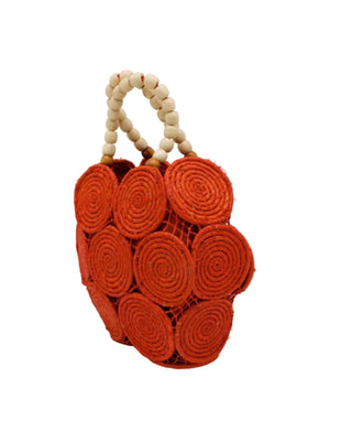 Romy Crochet Disc Raffia Straw Handbag with Wooden Bead Handles