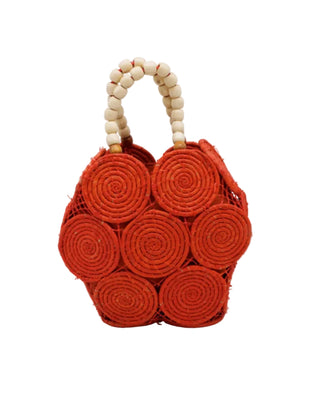 Romy Crochet Disc Raffia Straw Handbag with Wooden Bead Handles