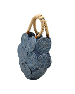 Romy Crochet Disc Raffia Straw Handbag with Wooden Bead Handles