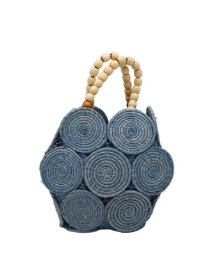 Romy Crochet Disc Raffia Straw Handbag with Wooden Bead Handles